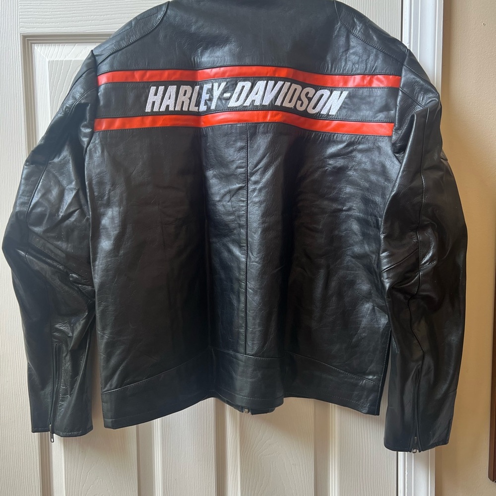 Harley-Davidson Black and Orange Genuine Leather Bomber Jacket - Picture 2 of 5